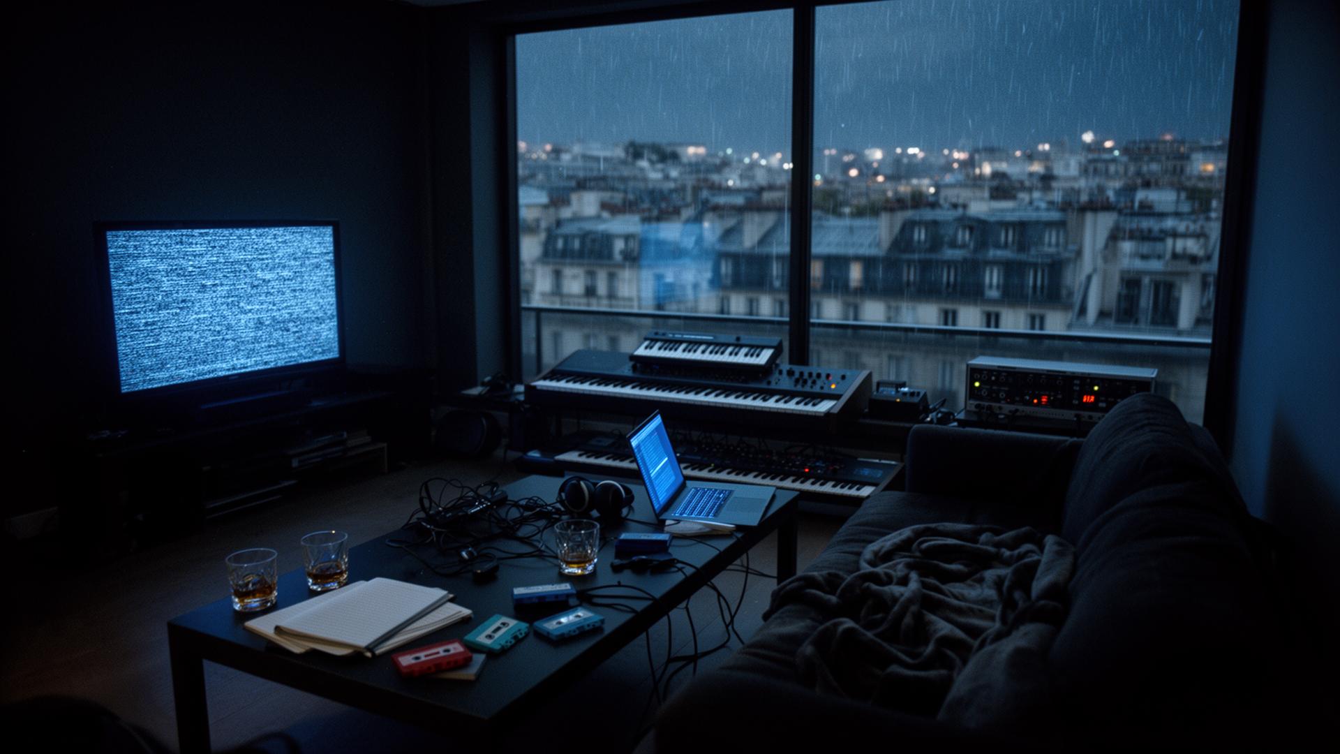 A dark penthouse living room at 4:12 in the morning, lit by blue neon, with rainy city rooftops behind panorama windows.